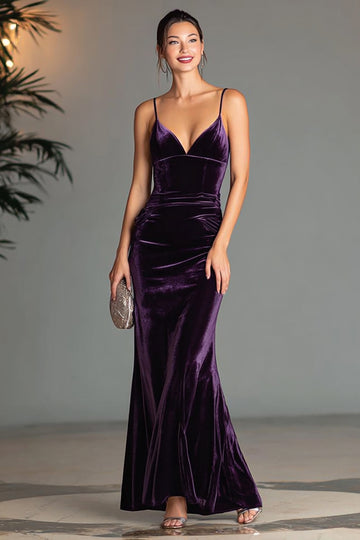 Purple Spaghetti Straps Sheath Velvet Formal Dress